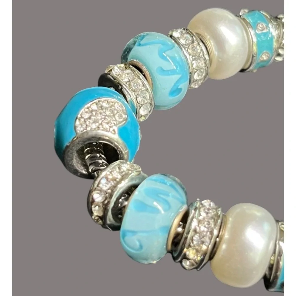 SILVER TONE Snake Chain Cable CHARM BRACELET Silver Tone LIGHT BLUE BEADS Glass